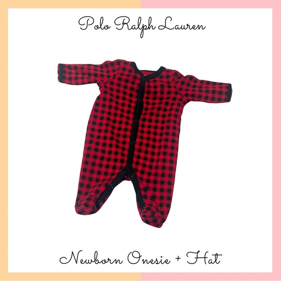 Polo Ralph Lauren Red and Black Checkered Newborn Onesie + Hat - Picture 1 of 5